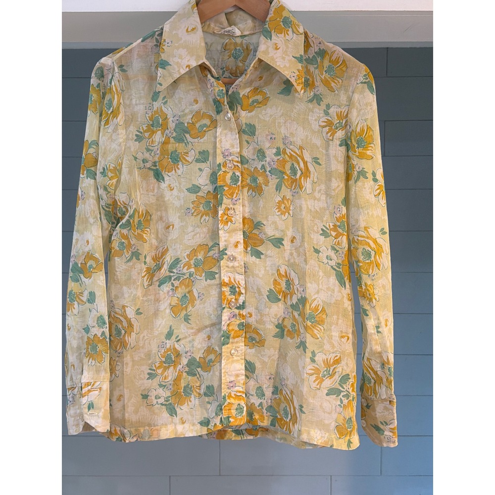 Vintage Shirt Rack of California Floral Button Down Blouse Yellow Green Sheer